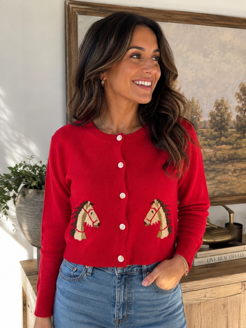Red Horse-Embroidered Crewneck Cardigan Sweater